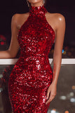Sparkly Red Sequin Bodycon Halter Midi Cocktail Dress with Slit