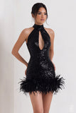 Sparkly Black Bodycon Short Sequin Cocktail Dress with Feather