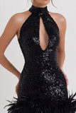 Sparkly Black Bodycon Short Sequin Cocktail Dress with Feather