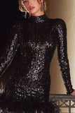 Sparkly Black Bodycon Sequin Short Cocktail Dress with Feather