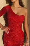 Sparkly Red One Shoulder Sequin Bodycon Short Cocktail Dress