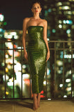 Sparkly Olive BodyconStrapless Sequin Midi Cocktail Dress