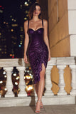 Sparkly Plum Sequin Bodycon Midi Cocktail Dress with Slit