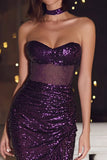 Sparkly Plum Sequin Sweetheart Bodycon Midi Cocktail Dress with Slit