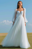 White A Line Long Tulle Engagement Dress with Sleeves
