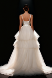 White A Line Tiered Sweep Train Wedding Dress with Tulle