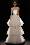 White A Line Tiered Long Bridal Dress with Tulle