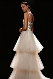 White A Line Tiered Long Bridal Dress with Tulle
