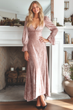 Vintage Rose Velvet V-Neck Maxi Holiday Party Dress with Sleeves