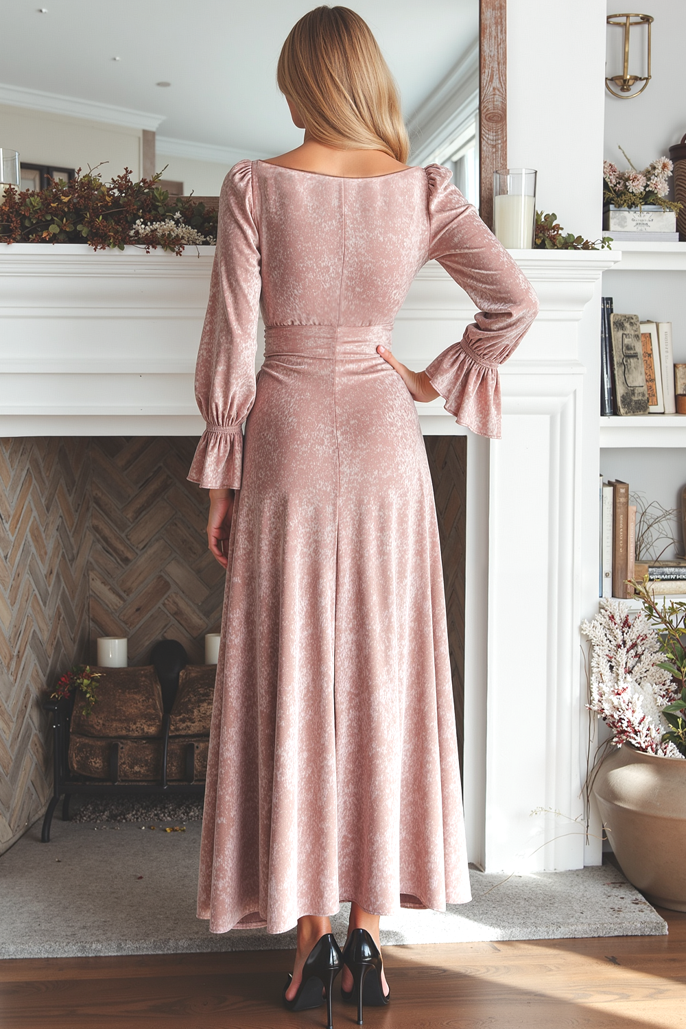 Vintage Rose Velvet V-Neck Maxi Holiday Party Dress with Sleeves