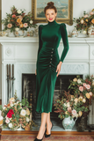 Dark Green High Neck Ruched Velvet Midi Holiday Party Dress