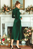 Dark Green High Neck Ruched Velvet Midi Holiday Party Dress