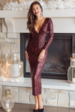 Sparkly Burgundy V-Neck Sequin Sheath Long Holiday Party Dress
