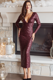 Sparkly Burgundy V-Neck Sequin Sheath Long Holiday Party Dress