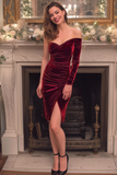 Burgundy Velvet Bodycon Ruched Short Holiday Party Dress with Slit