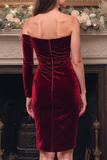 Burgundy Velvet Bodycon Ruched Short Holiday Party Dress with Slit