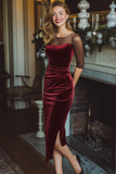 Burgundy Velvet Sheath Midi Holiday Party Dress with Sleeves