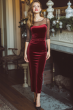 Burgundy Velvet Sheath Midi Holiday Party Dress with Sleeves