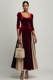 Burgundy Patchwork A Line Velvet Maxi Holiday Party Dress with Sleeves