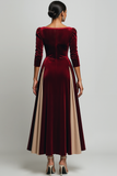 Burgundy Patchwork A Line Velvet Maxi Holiday Party Dress with Sleeves