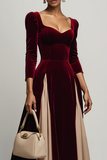 Burgundy Patchwork A Line Velvet Maxi Holiday Party Dress with Sleeves