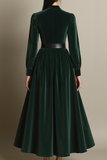 Dark Green A Line Velvet Long Holiday Party Dress with Belt