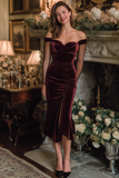 Burgundy Velvet Ruched Sheath Midi Holiday Party Dress with Sleeves