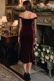 Burgundy Velvet Ruched Sheath Midi Holiday Party Dress with Sleeves
