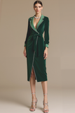 Dark Green Notched Lapel Wrap Velvet Midi Holiday Party Dress with Sash