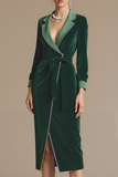 Dark Green Notched Lapel Wrap Velvet Midi Holiday Party Dress with Sash