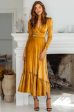 Golden A Line Velvet Maxi Holiday Party Dress with Sleeves