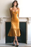 Yellow Velvet Spaghetti Straps Midi Holiday Party Dress