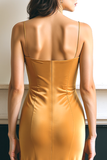Yellow Velvet Spaghetti Straps Midi Holiday Party Dress