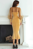 Yellow High Neck Velvet Mermaid Midi Holiday Party Dress