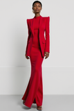 Red Mermaid 2 Piece Peak Lapel Long Work Dress