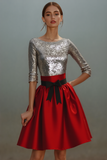 Sparkly Sequin Red Sliver Boat Neck Short Cocktail Dress with Bow