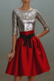 Sparkly Sequin Red Sliver Boat Neck Short Cocktail Dress with Bow