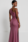 Sparkly Grape One Shoulder Ruched Sequin Gala Dress with Slit