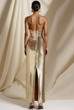 Champagne Sheath Metallic Sweetheart Long Gala Dress with Flower