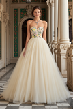Ivory Tulle Floral A Line Sweetheart Maxi Prom Dress