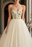 Ivory Tulle Floral A Line Sweetheart Maxi Prom Dress