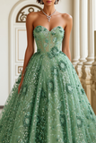 Green Floral A Line Sweetheart Corset Long Prom Dress