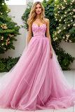 Pink Tulle Floral Strapless A Line Long Corset Prom Dress