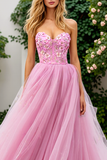 Pink Tulle Floral Strapless A Line Long Corset Prom Dress
