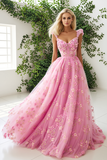 Pink Floral A Line Tulle Thick Straps Maxi Corset Prom Dress