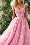 Pink Floral A Line Tulle Thick Straps Maxi Corset Prom Dress
