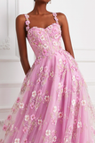 Pink Floral A Line Thick Straps Long Corset Prom Dress