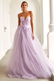Lilac Floral Tulle A Line Sweetheart Long Prom Dress