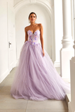 Lilac Floral Tulle A Line Sweetheart Long Prom Dress