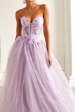 Lilac Floral Tulle A Line Sweetheart Long Prom Dress